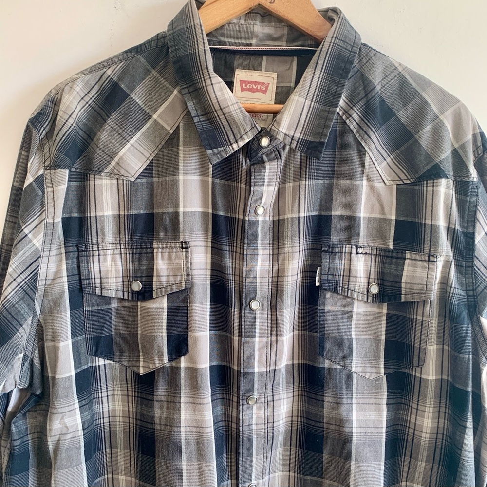 Vintage Levis Pearl Snap Plaid Western Long Sleeve Shirt Mens XL Modern Fit Gray